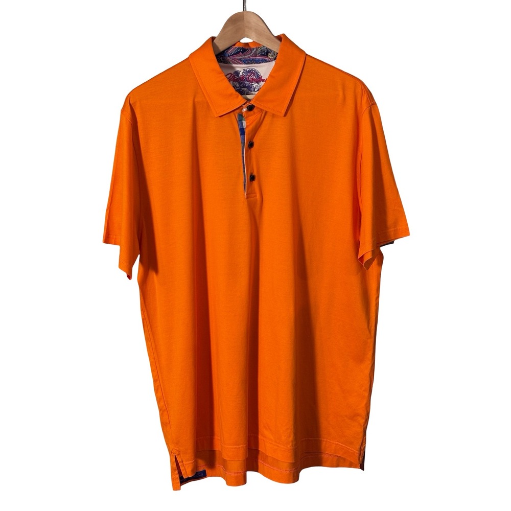Robert Graham Mens Classic Fit Orange Cotton Polo Shirt Size 2XL Paisley Trim